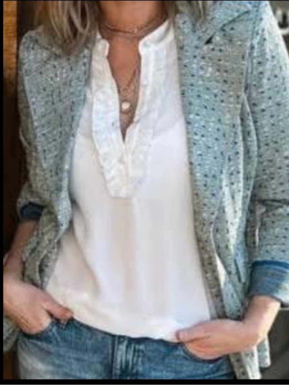 NWT CAbi White Ruffle Trim Frill Blouse